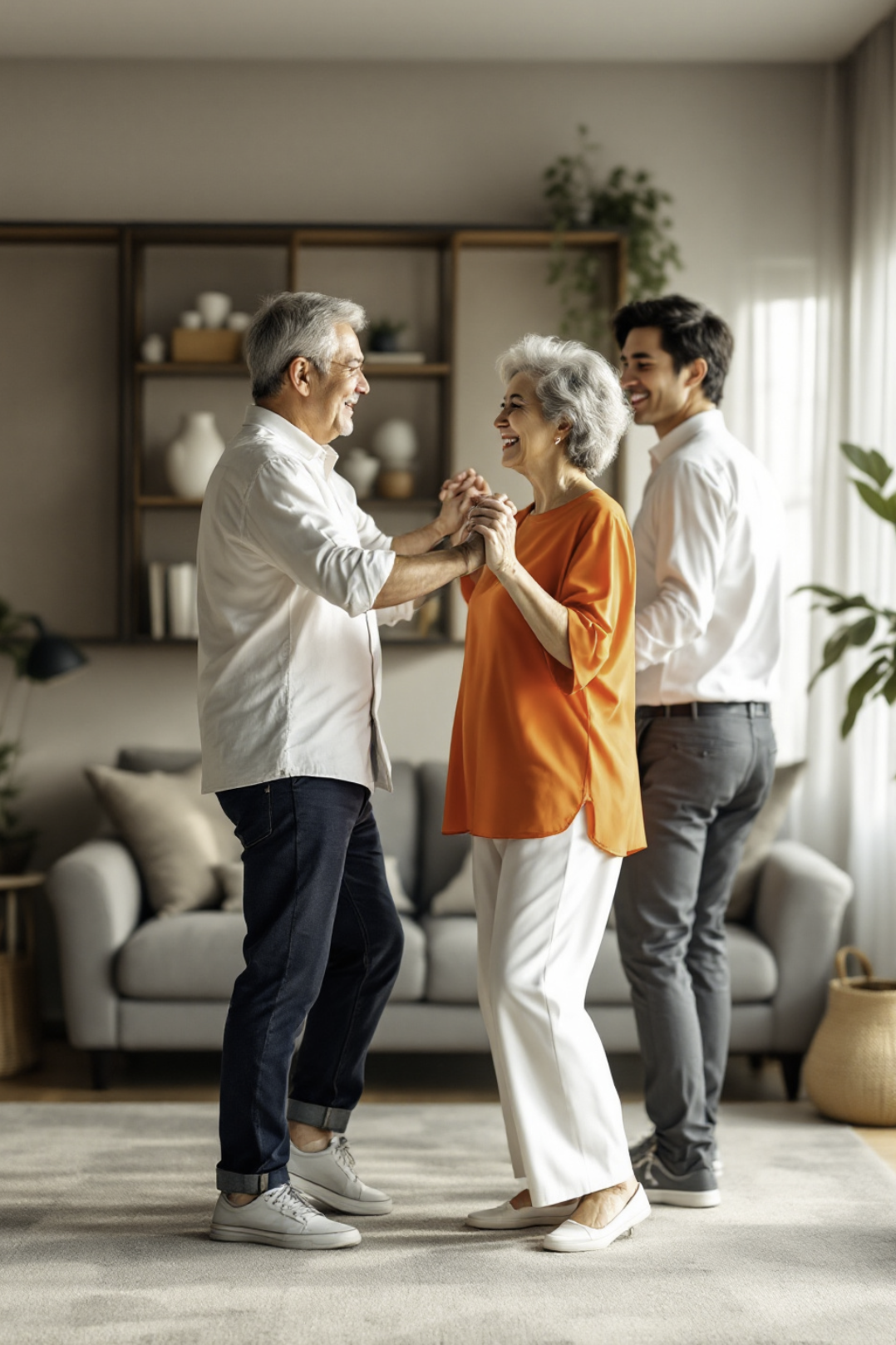 施設でシニア夫婦が楽しそうにダンスを踊る様子